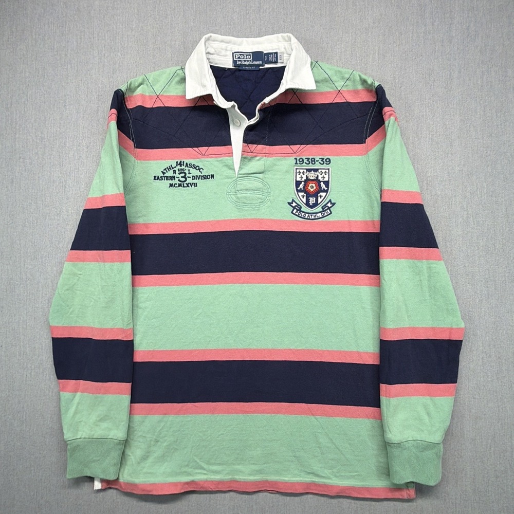 Polo Ralph Lauren Rugby Shirt Green Pink Navy Striped Crest Embroidered S / M